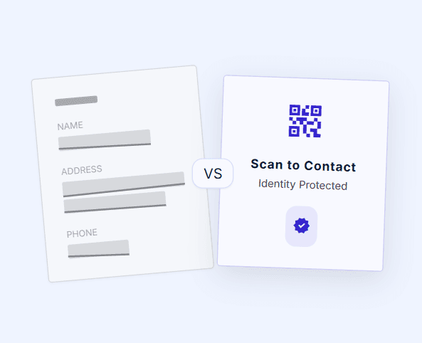 Comparison of a traditional paper luggage tag exposing personal details against a Tagged & Found dynamic QR tag