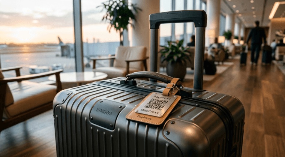 A suitcase with a Tagged & Found tag attached, waiting in an airport lounge