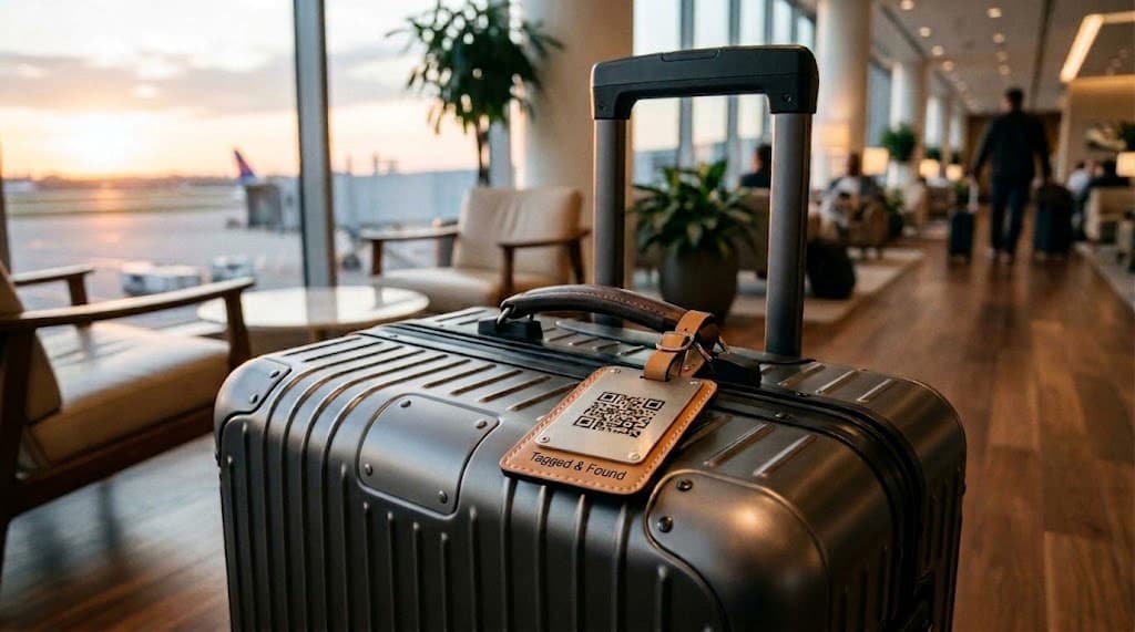 A suitcase with a Tagged & Found tag attached, waiting in an airport lounge