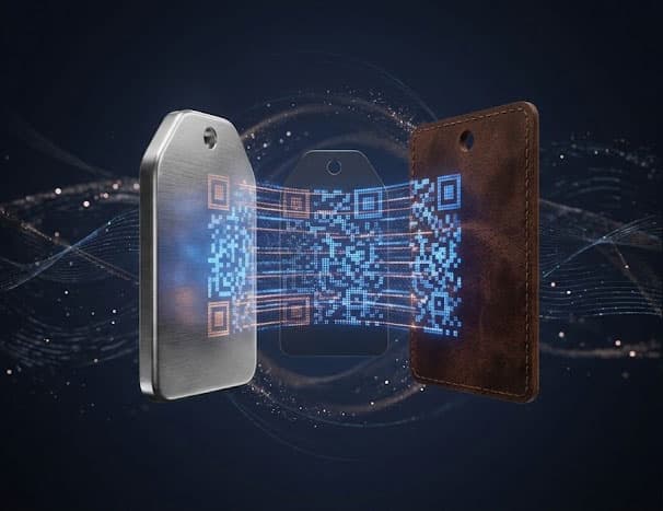 A premium brushed metal Tagged & Found luggage tag
